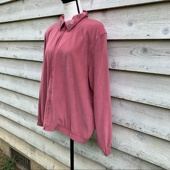 Vintage 80s Dusty Rose Floral Embroidered Long Sleeve Zip Up Front Casual Jacket - Picture 3 of 16